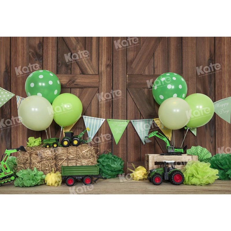 Kate Wood Planks Green Farm Excavator Balloon Backdrop Designed by Emetselch 7x5ft - small kids sitting / cake smash Microfiber (Printed)