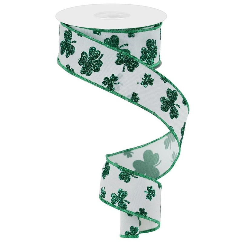 1.5" Glitter Shamrock Ribbon: White/Green - 10yds