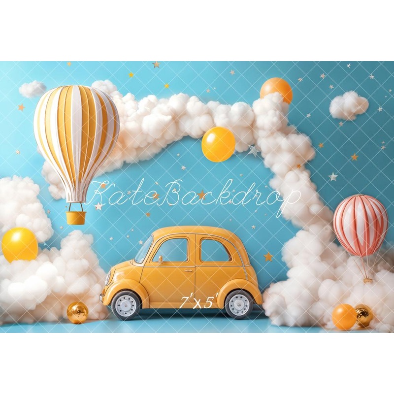 Kate Cake Smash Hot Air Balloon Car Clouds Backdrop Designed by Emetselch Microfiber (Printed) 7x5ft - small kids sitting / cake smash