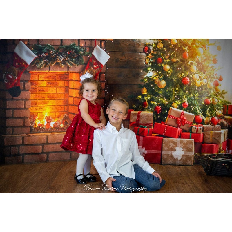 Kate Winter Christmas trees  Fireplace  Stockings  Christmas Gifts for Pictures 7x5ft - small kids sitting / cake smash Microfiber (Printed)