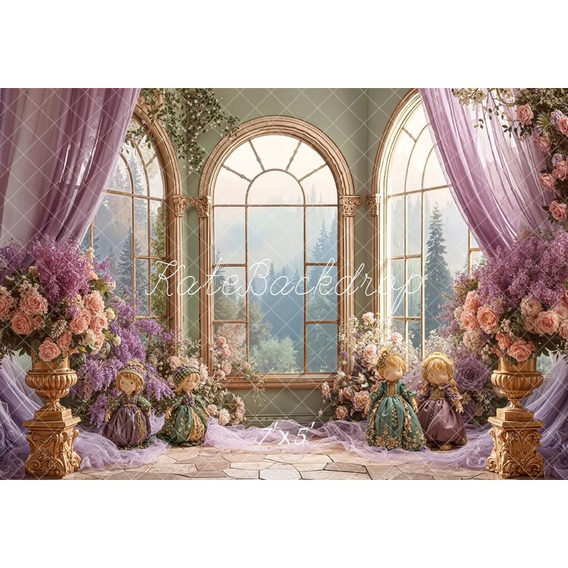 Kate Spring Purple Floral Arch Window Dolls Backdrop Designed by Emetselch Microfiber (Printed) 7x5ft - small kids sitting / cake smash