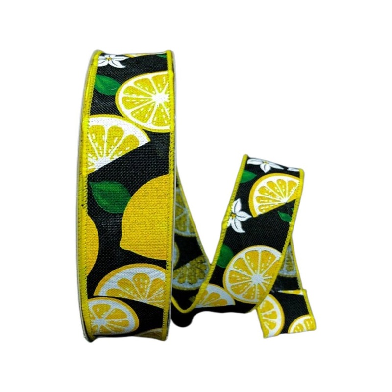 1.5" Lemon Ribbon on Black Linen - 50Yds