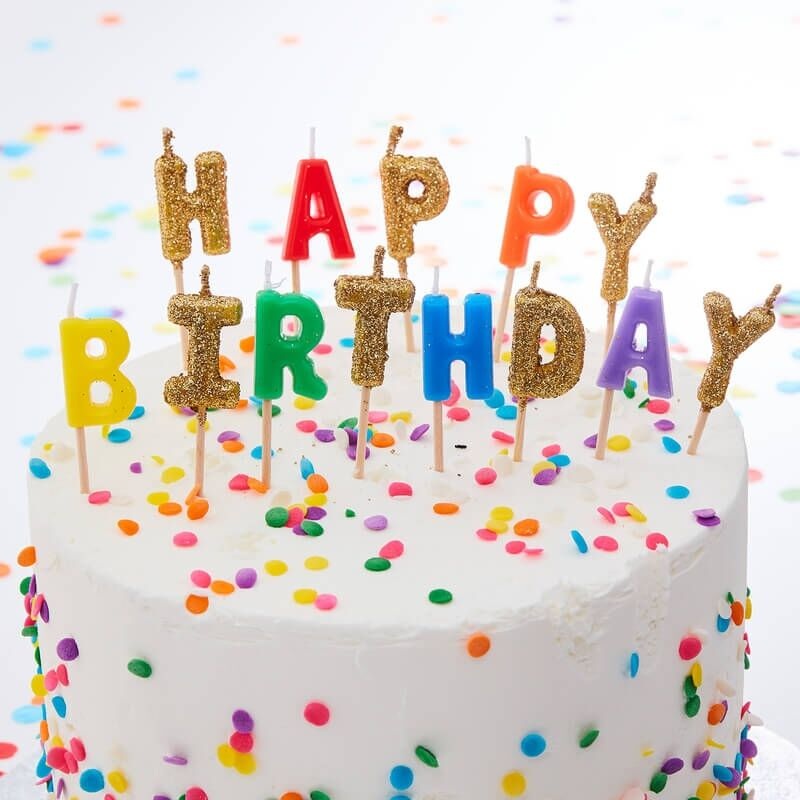 Rainbow and Gold Glitter Happy Birthday Candles